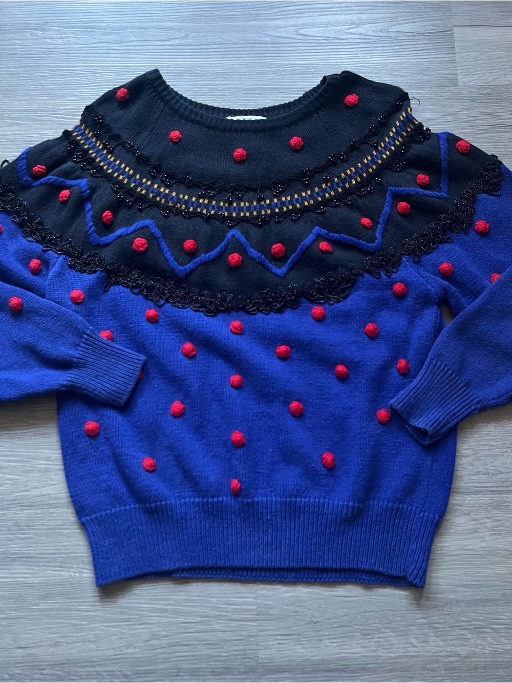 80’s Blue & Black Beaded Sweater with Red Pom-Poms